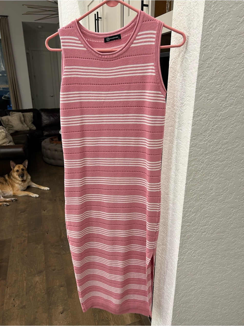Pink & White Striped Sleeveless Knit Midi Dress